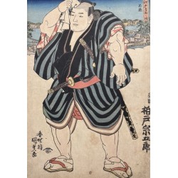 Estampe japonaise originale d'Utagawa Kunisada représentant le lutteur de sumo Kashiwado Sōgorō à Shinobazu