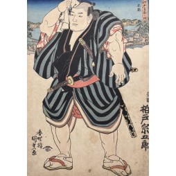Estampe japonaise originale d'Utagawa Kunisada représentant le lutteur de sumo Kashiwado Sōgorō à Shinobazu