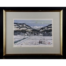 Paysage enneigé de mon village natal | Estampe originale de Masao Ido