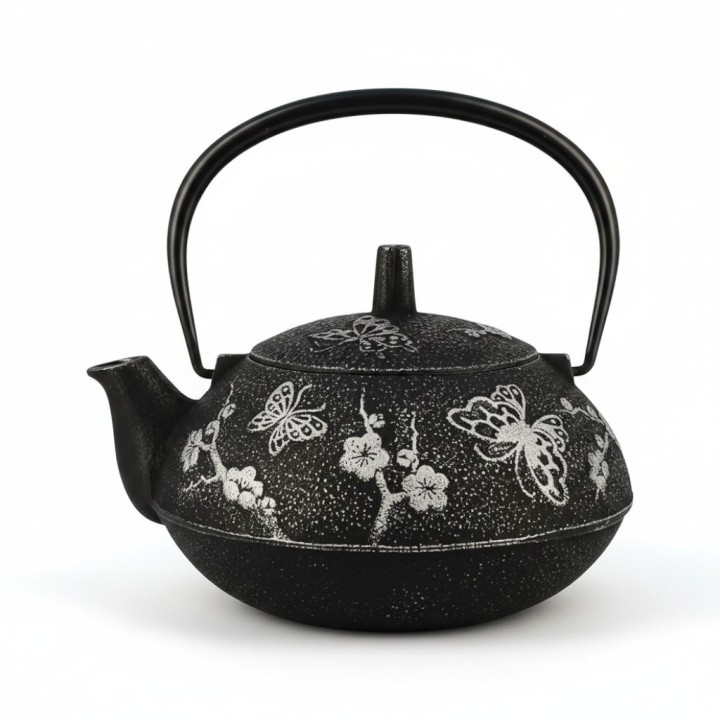 Théière en fonte japonaise Papillon noir et argent, 0,6 litre