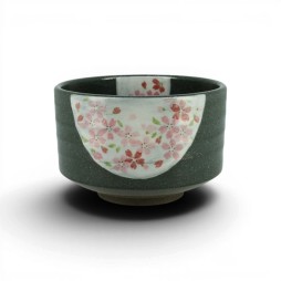 Bol à matcha chawan vert foncé à médaillon de fleurs de cerisier roses