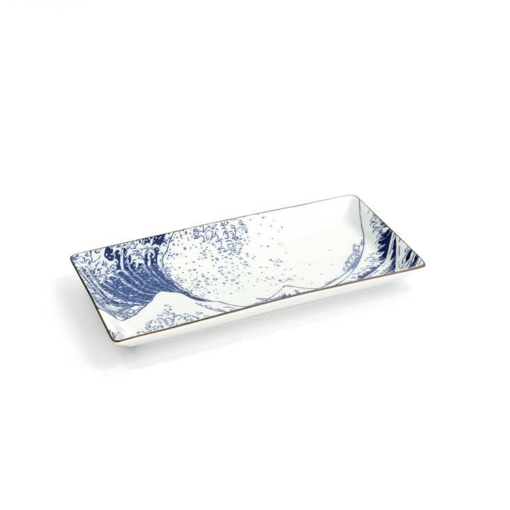 Plat à sushi japonais Hokusai Nami en porcelaine, décor de la Grande Vague bleue
