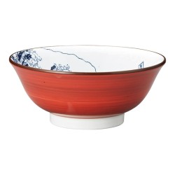 Bol ramen japonais Hokusai, extérieur rouge vermillon et Grande Vague à l'intérieur