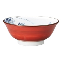 Bol ramen japonais Hokusai, extérieur rouge vermillon et Grande Vague à l'intérieur