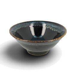 Grand bol à nouilles japonais Migawa en grès noir, coulures d'émail bleu clair et bord ambré
