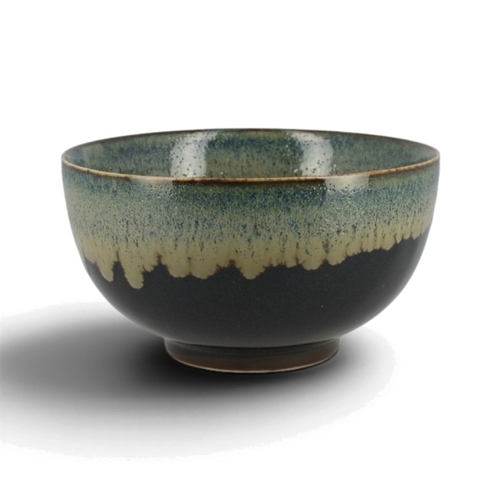 Bol japonais Migawa en grès noir, large bord crème moucheté de bleu-vert en coulures