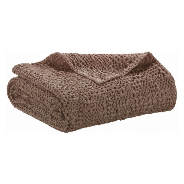 Plaid TANA en coton stonewashed nid d'abeille irrégulier, couleur café