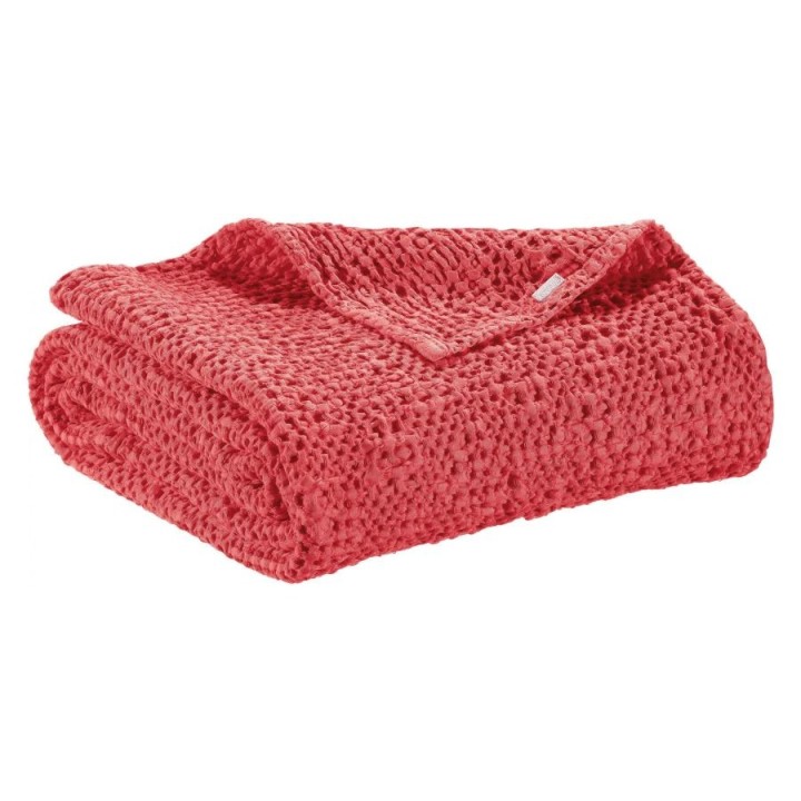 Plaid TANA en coton stonewashed nid d'abeille irrégulier, couleur framboise