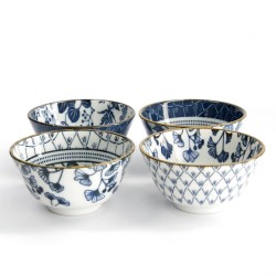 Set de 4 bols à riz FLORIKA en porcelaine bleu et blanc présentés ensemble