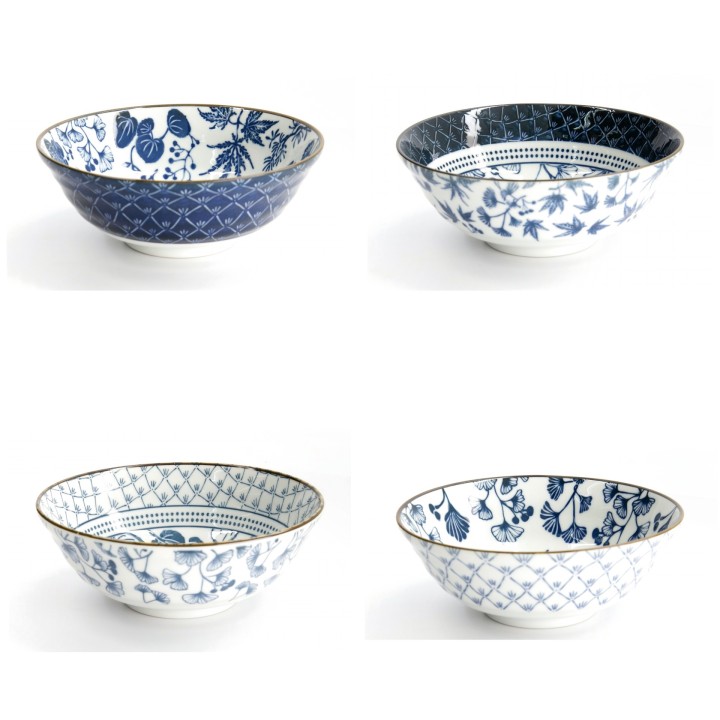 Set de 4 bols ramen FLORIKA 21 cm décors grue, ginkgo, érable et lierre