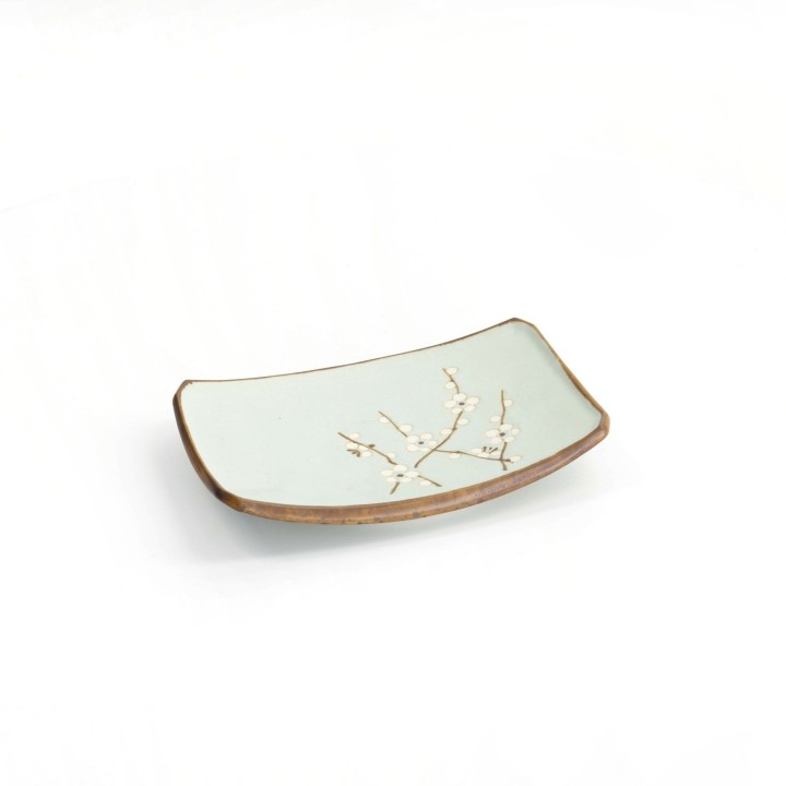 Assiette rectangulaire SAKURA vert d'eau aux bords relevés