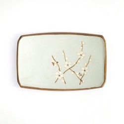 Assiette rectangulaire japonaise SAKURA vert d'eau vue de dessus, décor fleurs de cerisier