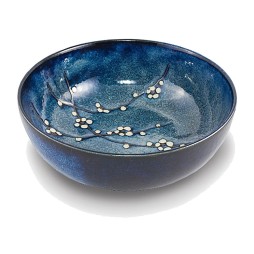 Grand saladier japonais cerisier bleu nuit en porcelaine, branches de cerisier en fleurs à l’intérieur