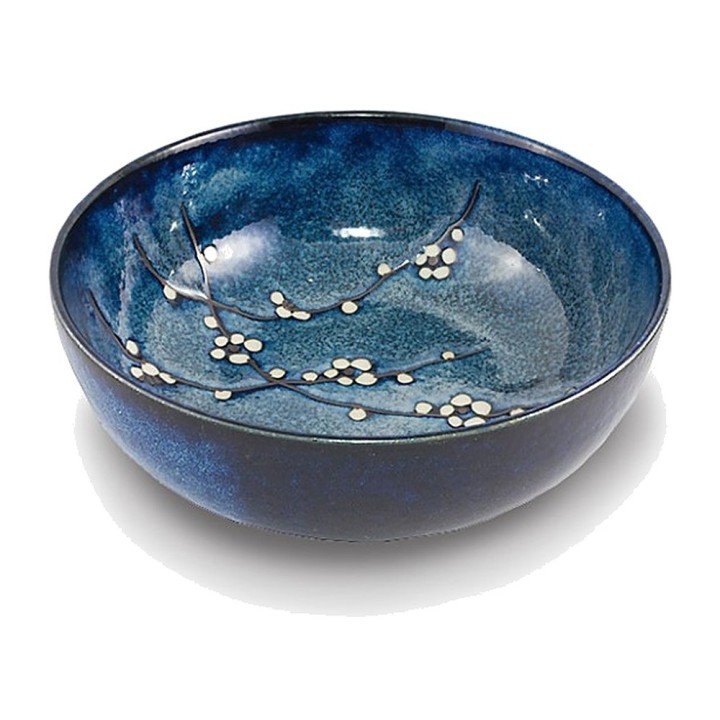 Grand saladier japonais cerisier bleu nuit en porcelaine, branches de cerisier en fleurs à l’intérieur