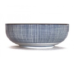 Saladier japonais tokusa de profil, rayures bleues sur porcelaine blanche