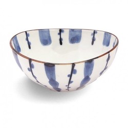 Bol tayo japonais en porcelaine blanche, bord irrégulier et traits bleus peints au pinceau
