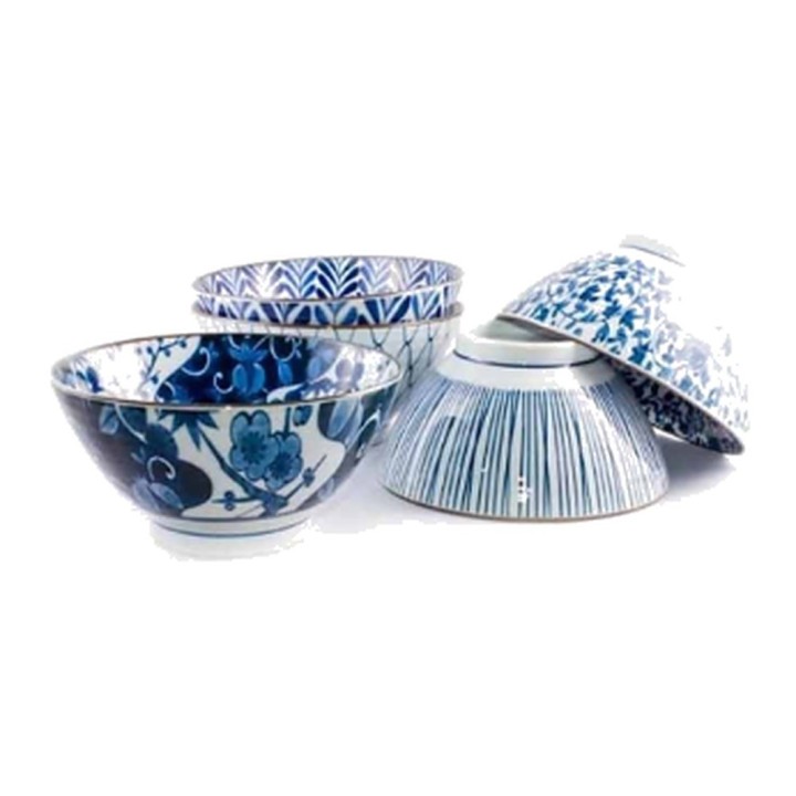 Set de 5 bols donburi japonais en porcelaine bleu et blanc, présentés ensemble