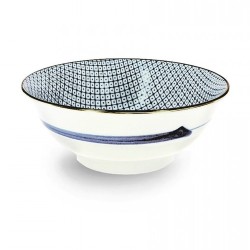 Bol ramen japonais en porcelaine, losanges bleus à l’intérieur et trait de pinceau bleu à l’extérieur