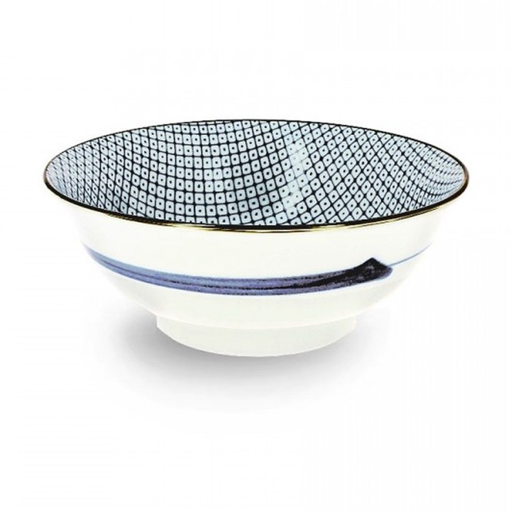 Bol ramen japonais en porcelaine, losanges bleus à l’intérieur et trait de pinceau bleu à l’extérieur