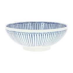 Saladier japonais en porcelaine blanche à rayures bleues, vue de profil