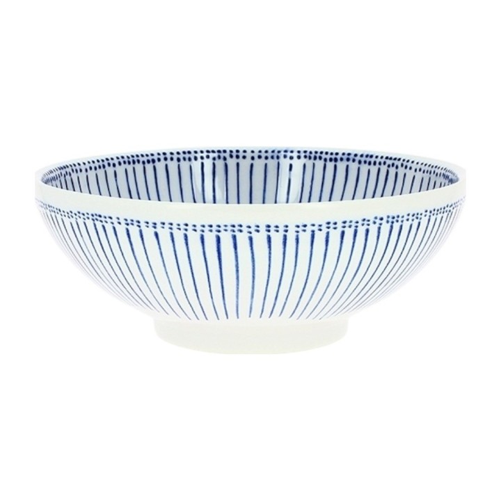Saladier japonais en porcelaine blanche à rayures bleues, vue de profil