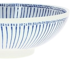 Détail des rayures et des frises de points bleus du saladier