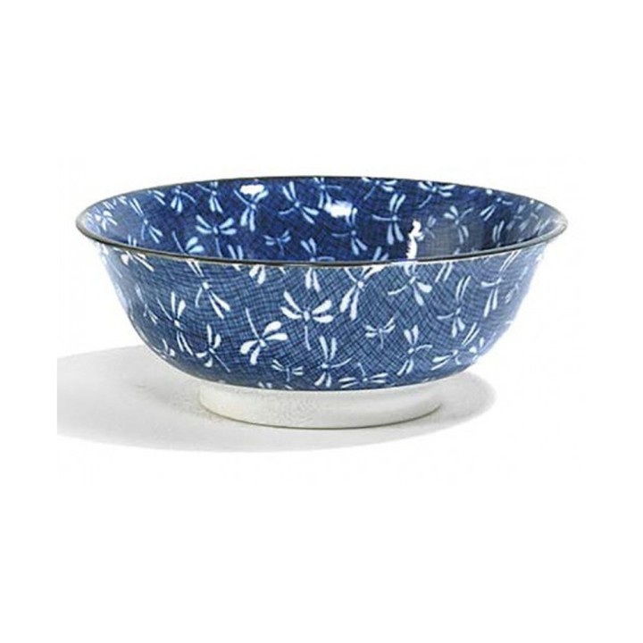 Bol ramen japonais tonbo bleu ∅21cm, décor de libellules blanches, vue de trois quarts