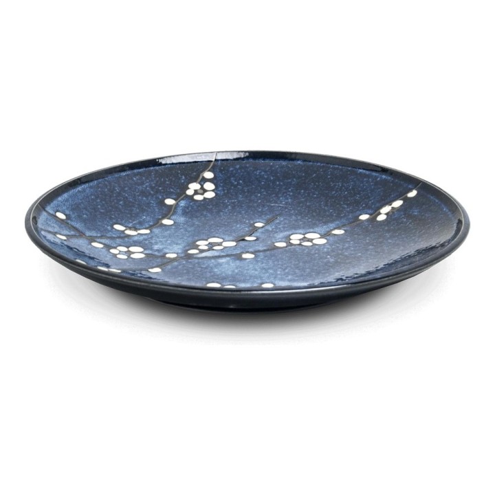 Assiette japonaise cerisier bleu nuit ∅25,5cm, vue de trois quarts