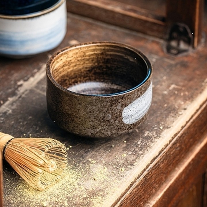 Bol à matcha japonais brun, trait d’émail blanc, avec fouet en bambou et matcha