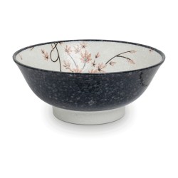 Bol ramen japonais KAEDE, décor de feuilles d’érable roses, extérieur noir moucheté