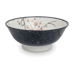 Bol ramen japonais KAEDE, décor de feuilles d’érable roses, extérieur noir moucheté