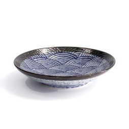 Assiette creuse japonaise ARASHI, vagues bleues seigaiha et large bord brun brillant