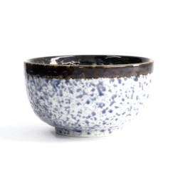 Bol japonais ARASHI de profil, émail moucheté bleu et large bord brun