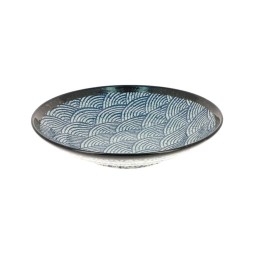 Grand plat creux japonais ARASHI, vagues bleues seigaiha et bord sombre