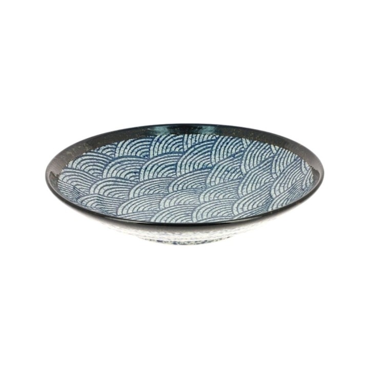 Grand plat creux japonais ARASHI, vagues bleues seigaiha et bord sombre