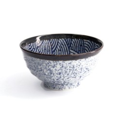 Bol donburi japonais ARASHI, extérieur moucheté bleu et blanc, bord brun, intérieur à vagues bleues