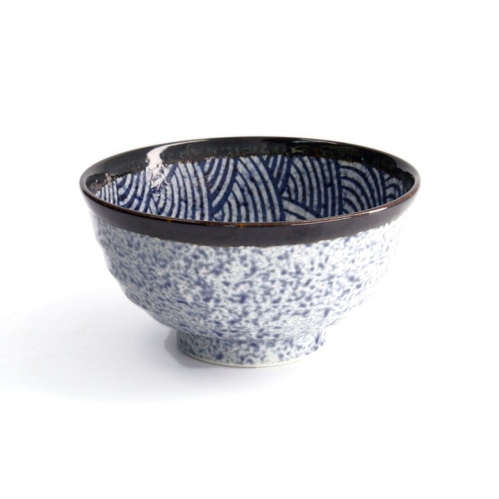 Bol donburi japonais ARASHI, extérieur moucheté bleu et blanc, bord brun, intérieur à vagues bleues