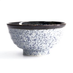 Bol donburi ARASHI de profil, émail moucheté bleu, large bord brun et pied haut