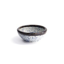 Petit bol kobachi japonais ARASHI, émail moucheté bleu et blanc, large bord brun brillant