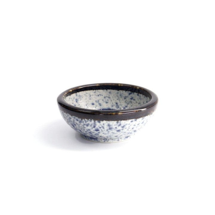 Petit bol kobachi japonais ARASHI, émail moucheté bleu et blanc, large bord brun brillant