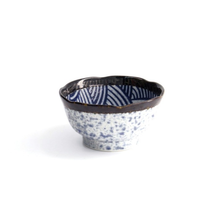 Petit bol kobachi japonais ARASHI à bord festonné, extérieur moucheté bleu et blanc