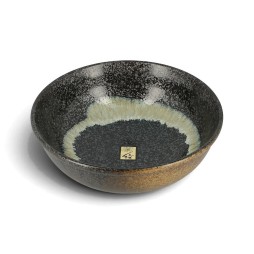 Bol japonais en grès noir moucheté, cercle d’émail crème à l’intérieur, extérieur brun