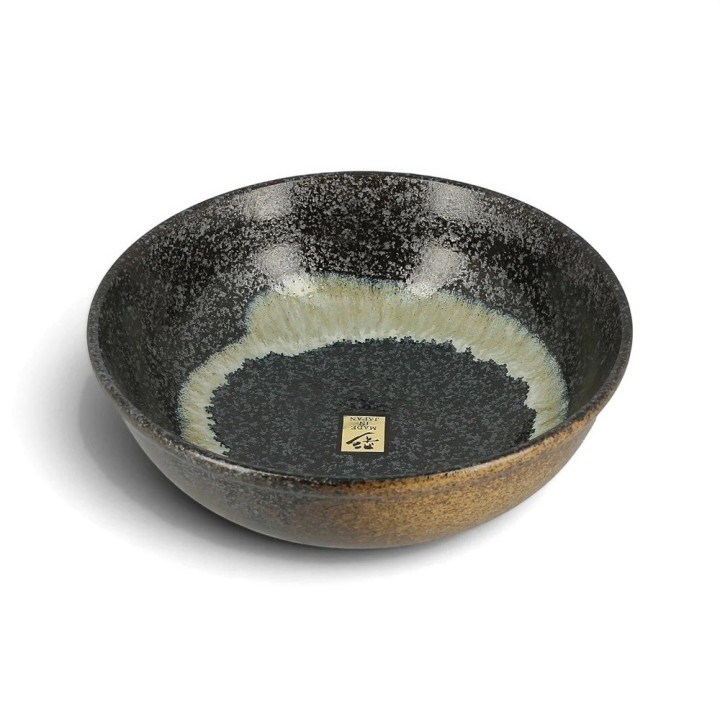 Bol japonais en grès noir moucheté, cercle d’émail crème à l’intérieur, extérieur brun