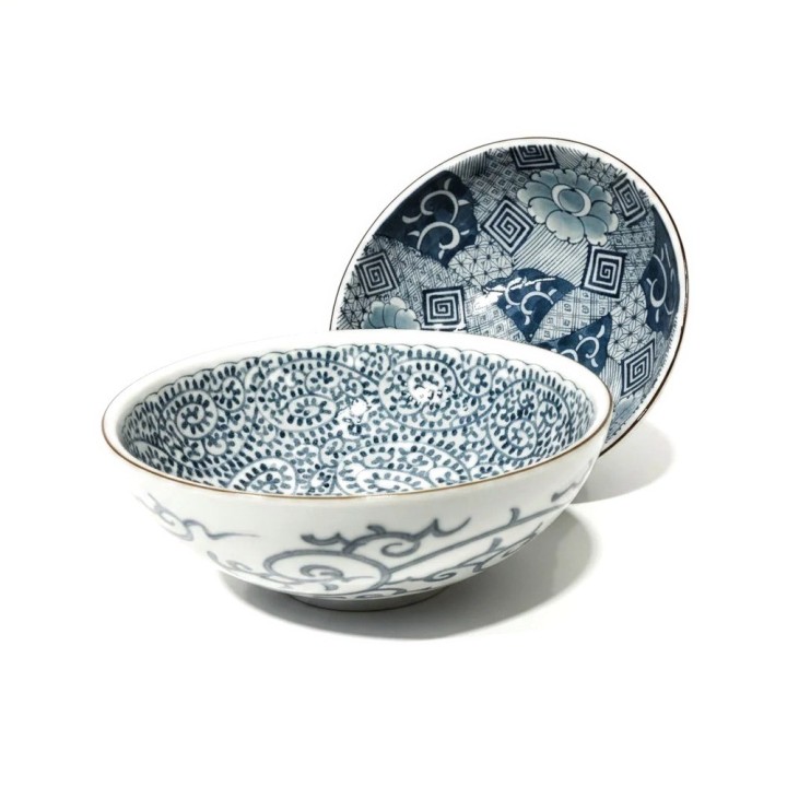 Set de 2 saladiers japonais bleu et blanc, décor tako karakusa et patchwork de motifs