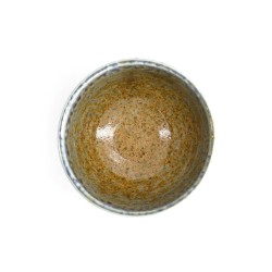 Intérieur du bol à riz HINOKO vu de dessus, émail ocre moucheté de bleu