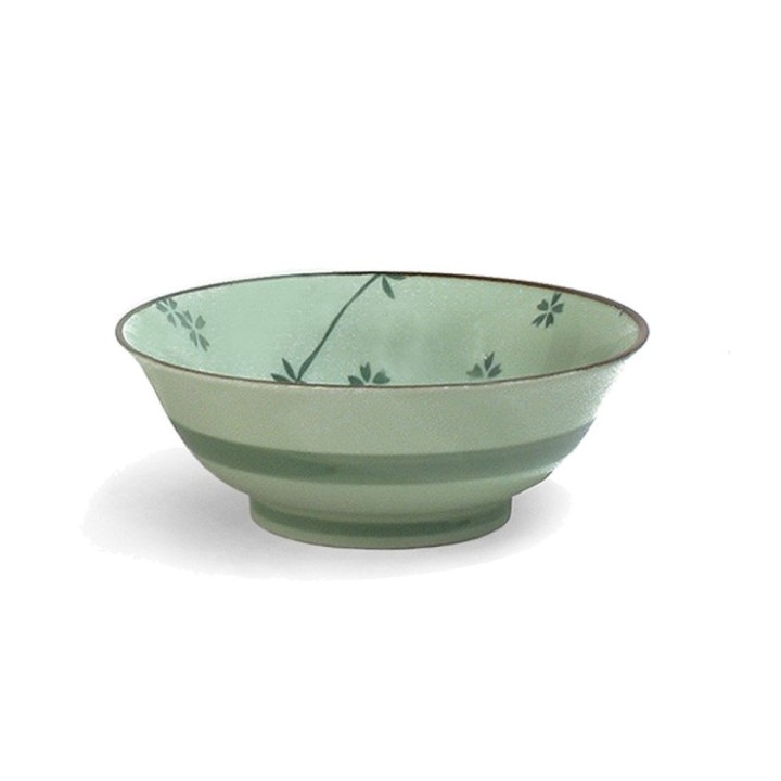 Bol ramen japonais MIDORI en grès vert, décor de petites fleurs, vue de trois quarts