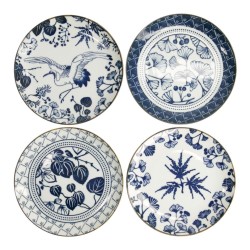 Set de 4 assiettes japonaises FLORIKA vues de dessus : grue, ginkgo, lierre et érable