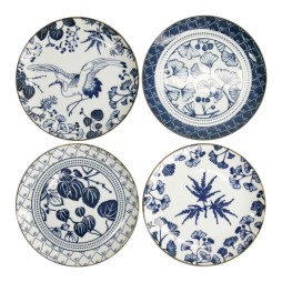 Set de 4 assiettes japonaises FLORIKA vues de dessus : grue, ginkgo, lierre et érable