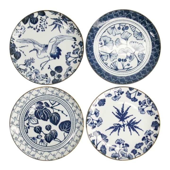 Set de 4 assiettes japonaises FLORIKA vues de dessus : grue, ginkgo, lierre et érable