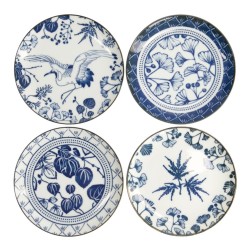 Set de 4 assiettes à dessert japonaises FLORIKA vues de dessus : grue, ginkgo, lierre et érable